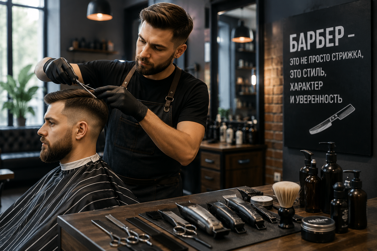 Барбер выполняет мужскую стрижку клиенту в современном барбершопе