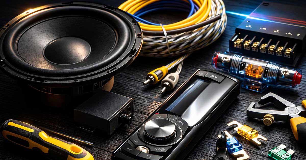 Комплект компонентів Car-HiFi для встановлення: автомобільний динамік, кабелі, запобіжники та інструменти для монтажу автозвуку